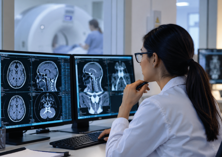 Médica radióloga revisando estudios de resonancia en monitores